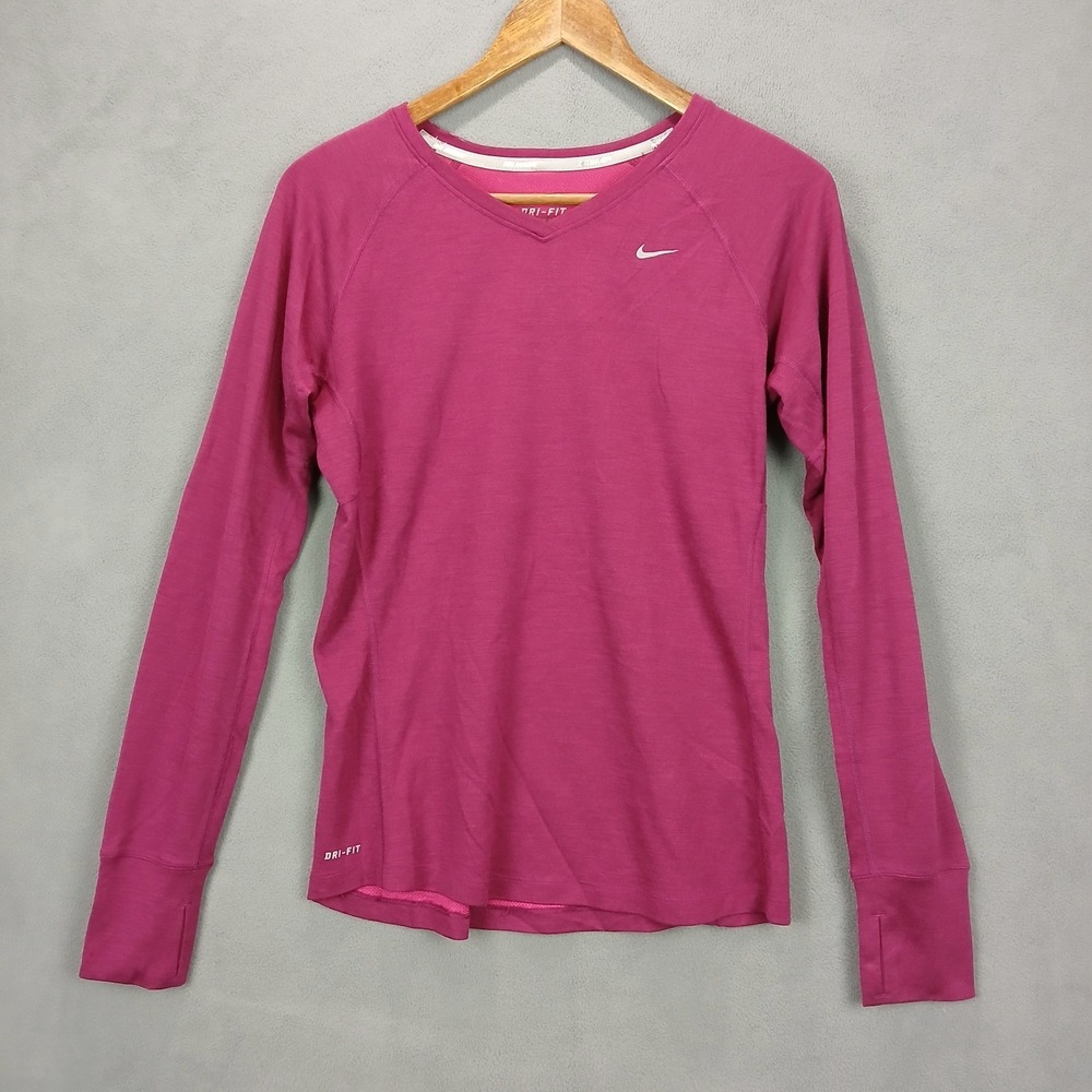 Nike Dri Fit Running Shirt Women Medium Pink Thumbhole Sleeve Athletic Wear Yoga